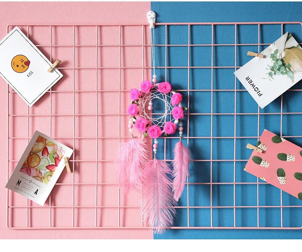 Pink ostrich feather dreamcatcher wind chime wall decoration measuring 10cm