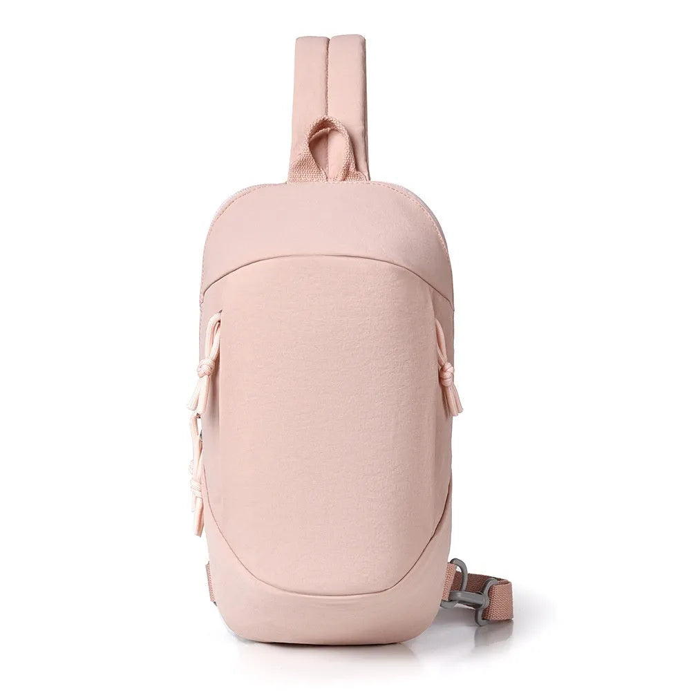 Outdoor nylon crossbody chest bag for girls in six colours, showing internal mobile phone pocket.