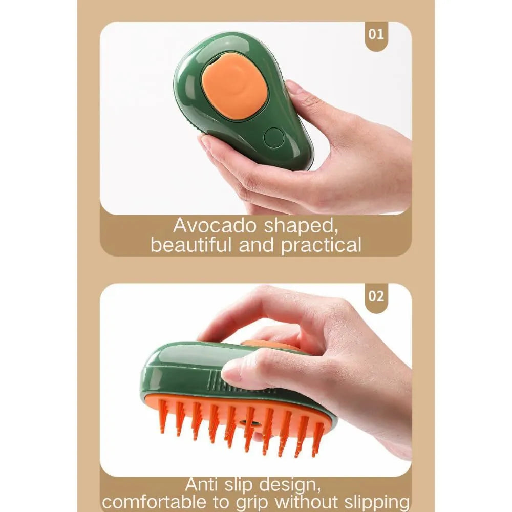 Green and white cat steam brush with water spray function and silicone teeth for pet grooming