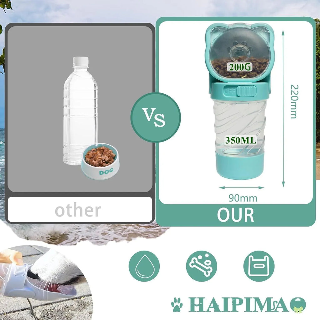 Green 3 in 1 portable pet water bottle with food container and waste bag dispenser