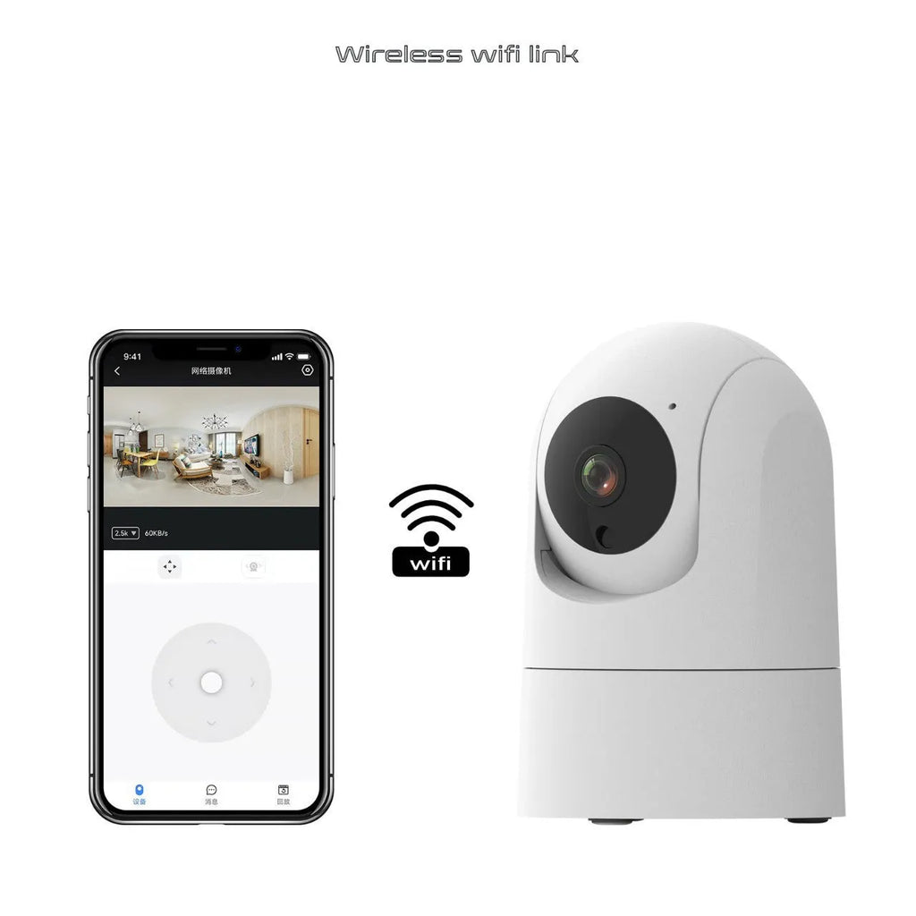 White indoor security camera with adjustable lens on a desk next to its power adapter.