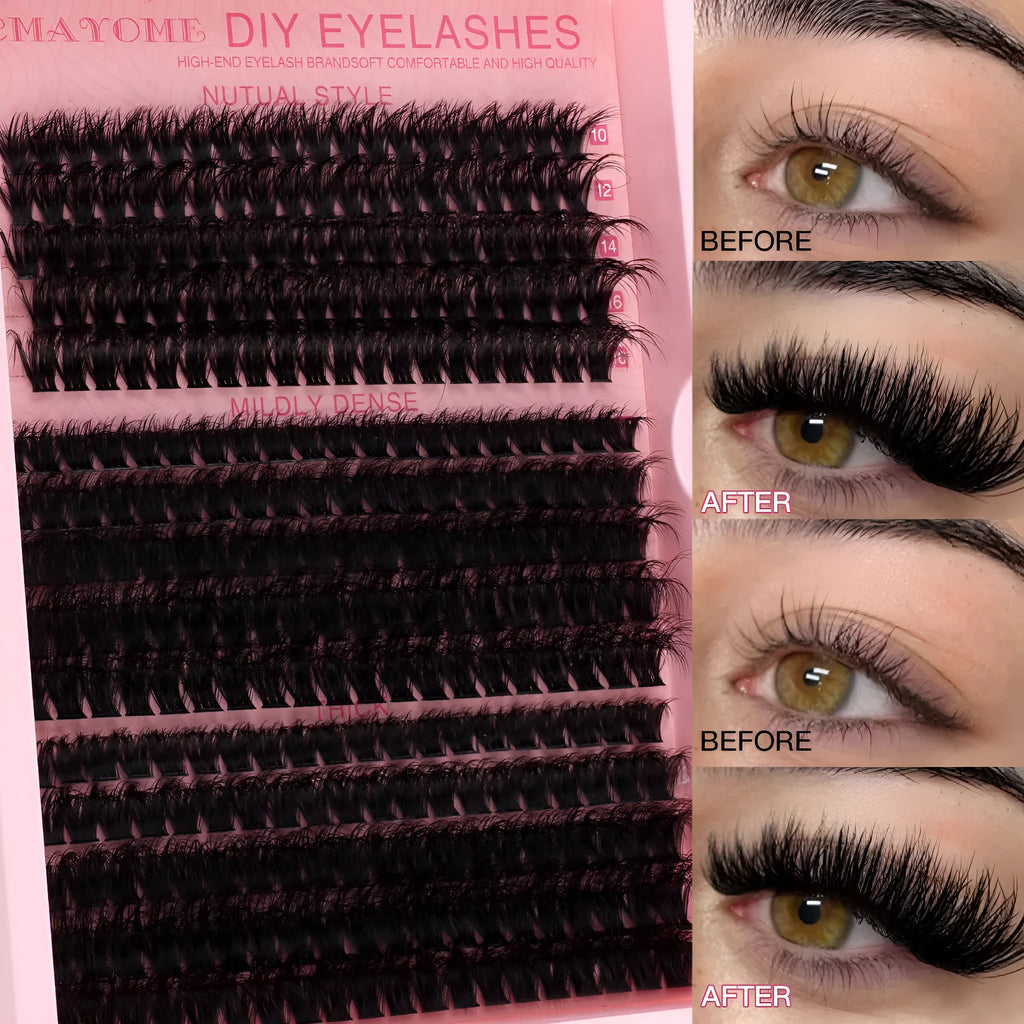 DIY false eyelash extension kit showing single cluster segments and professional tweezers for custom application