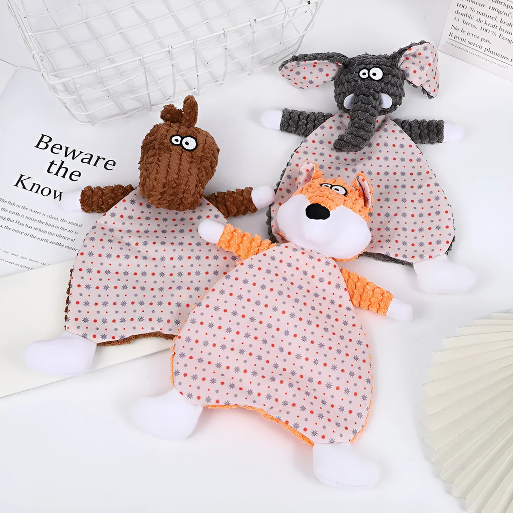 Brown, gray and orange plush pet toys in fox and elephant shapes with velvet texture