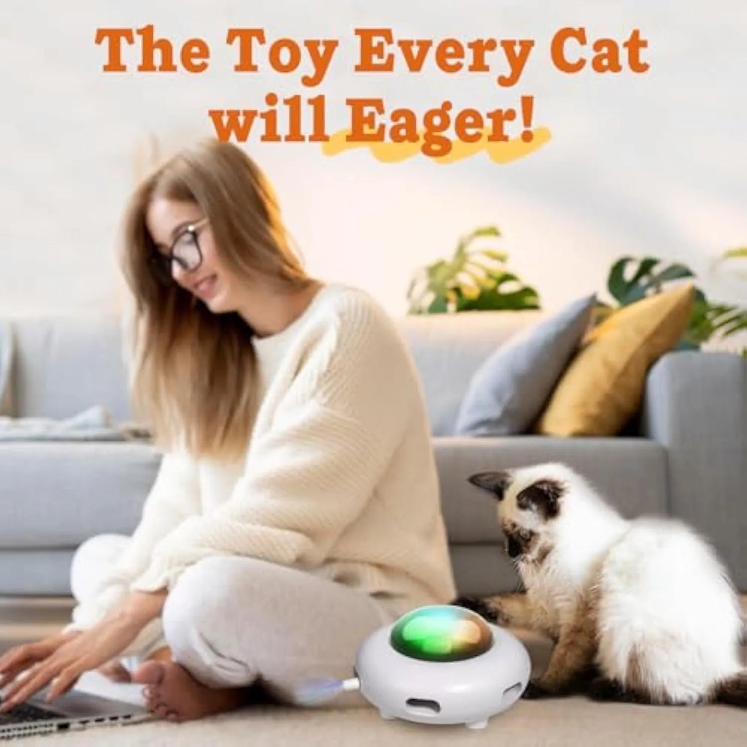 White automatic cat toy with colourful feathers and LED lights on cleaning ring mat