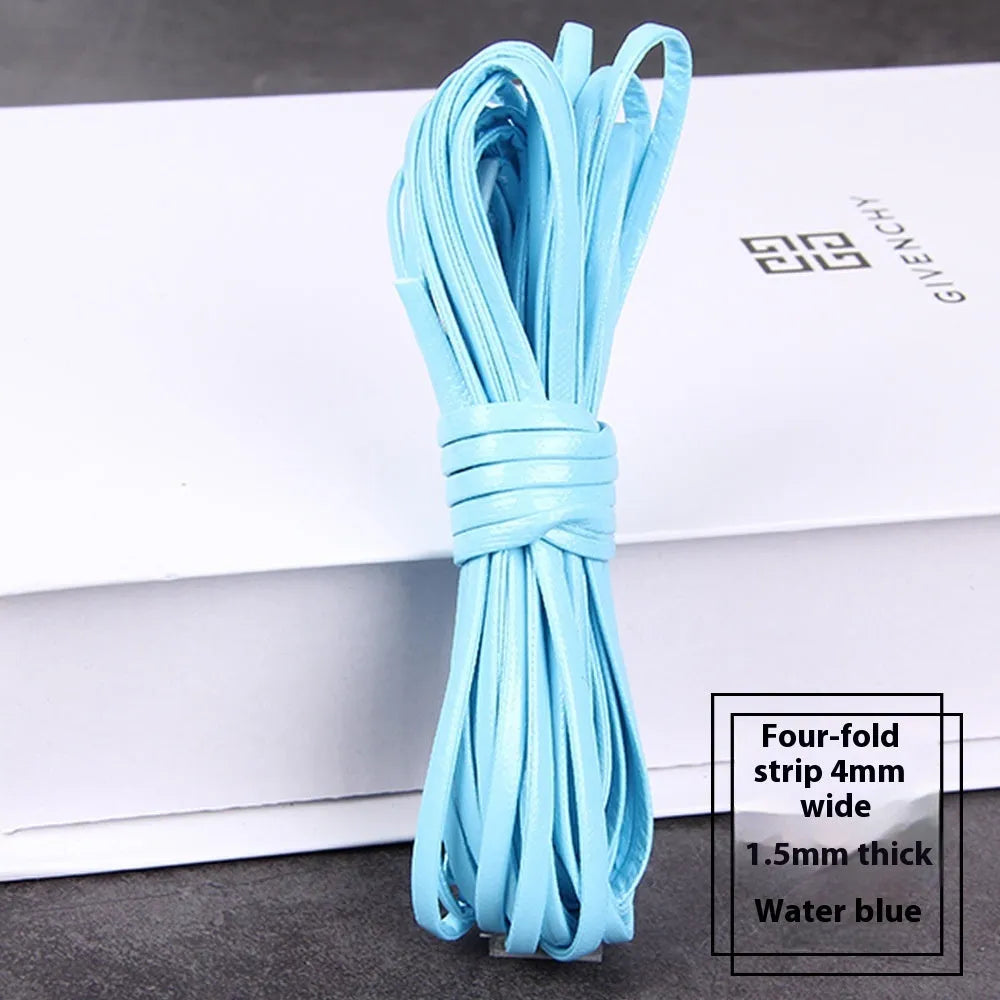 Spools of PU leather craft string in multiple colours showing different widths of 2mm, 2.8mm, and 4mm.