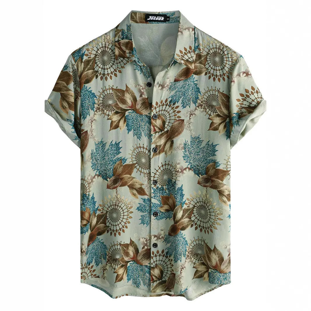 Floral print Hawaiian lapel short sleeve shirt on a hanger