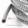Close-up of black coated 304 stainless steel multi-strand security cable for anti-theft use.