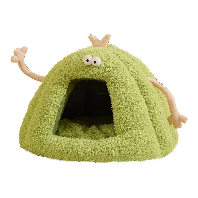Monster-shaped semi-enclosed cat kennel pet bed in PP cotton bubble velvet fabric