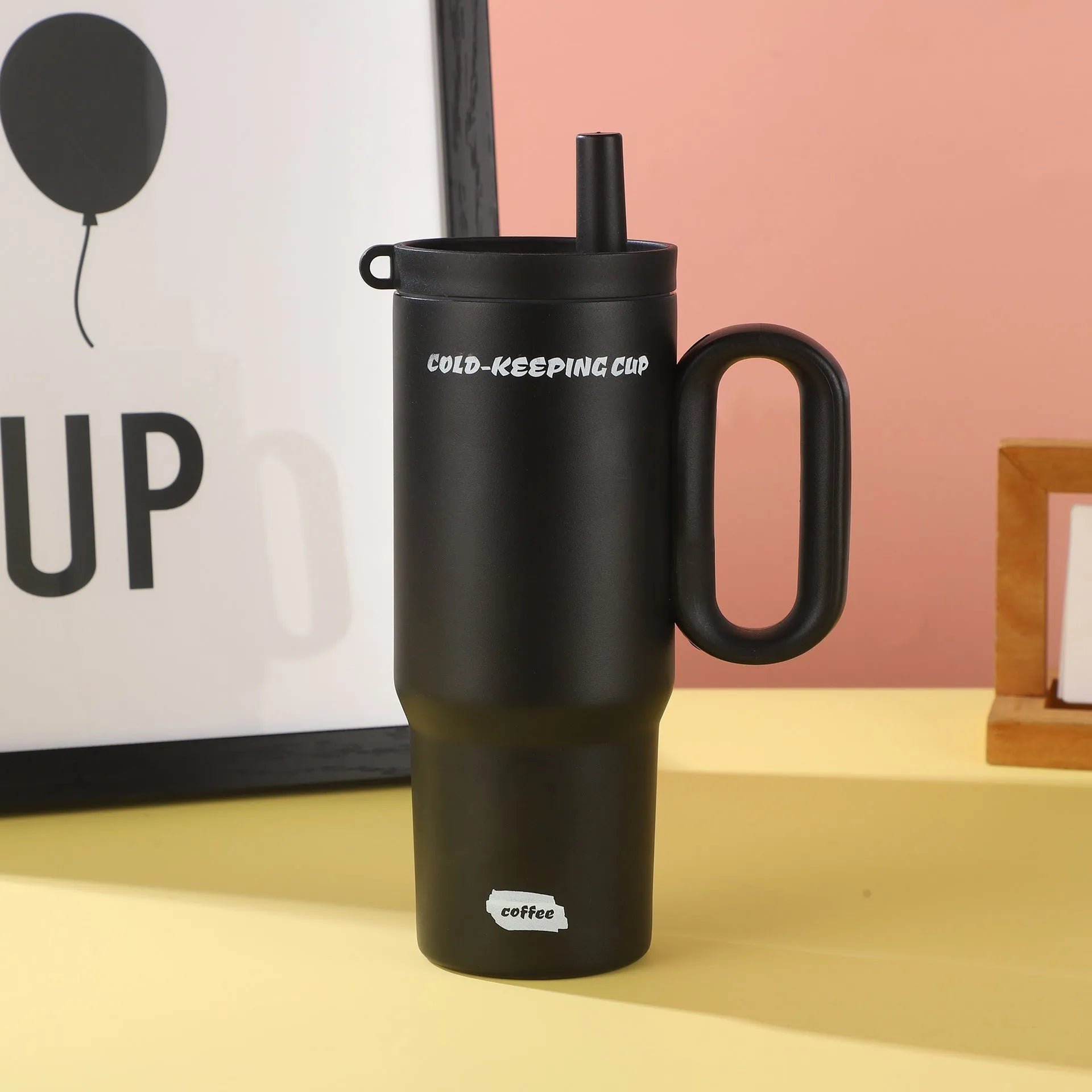 Large insulated straw cup with handle in multiple colour options