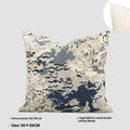 Antique blue wool blend pillow with abstract floral print, shown in square and waist pillow sizes.