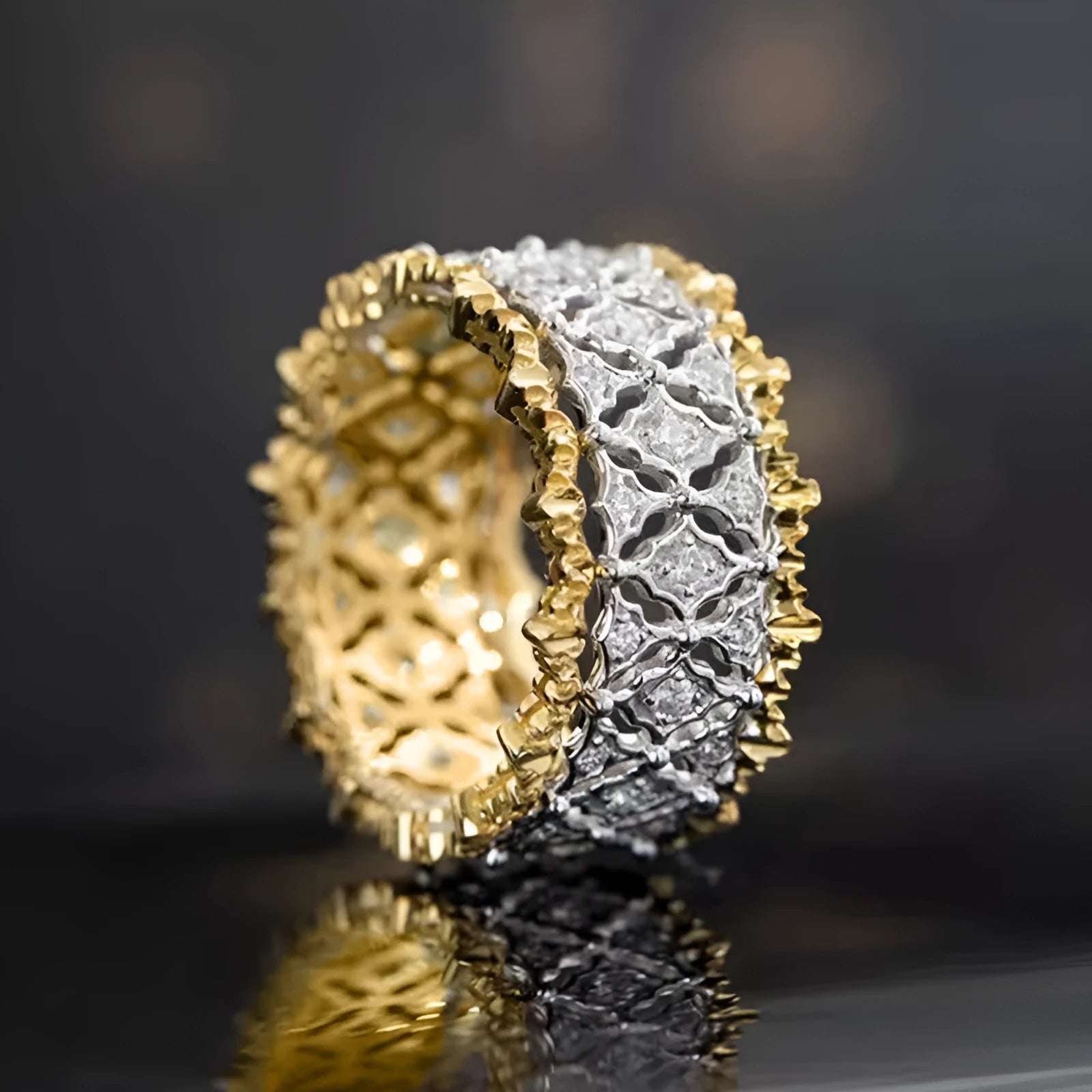 Geometric round two-tone gold zircon ring on a copper band, shown in UK ring sizes 6 to 10.