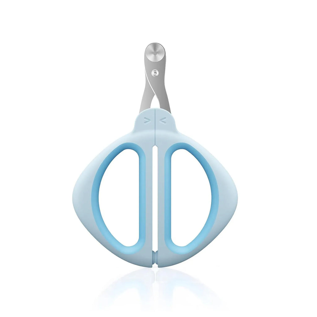 Blue cat nail clipper with positioning round hole and non-slip handle for pet grooming