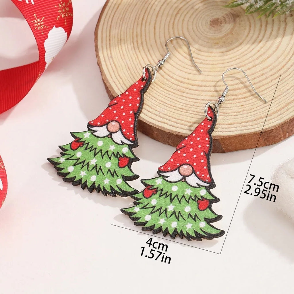 Wooden Christmas earrings with printed tree and snowman designs in festive colours