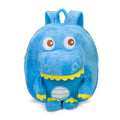 Blue soft plush dinosaur character backpack with embroidery, shown with a soft handle and backpack straps.