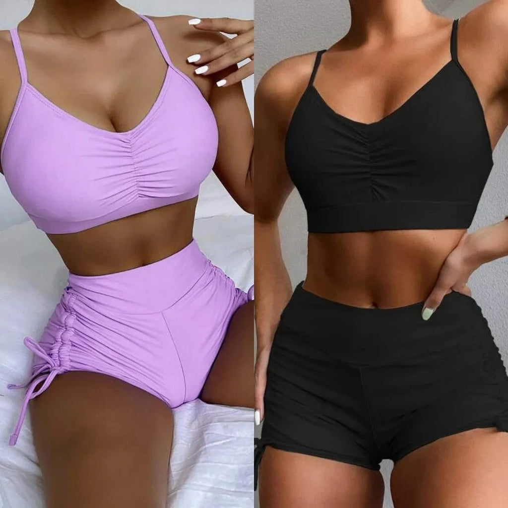 Women's high waisted split leg bikini swimsuit in black or purple colours