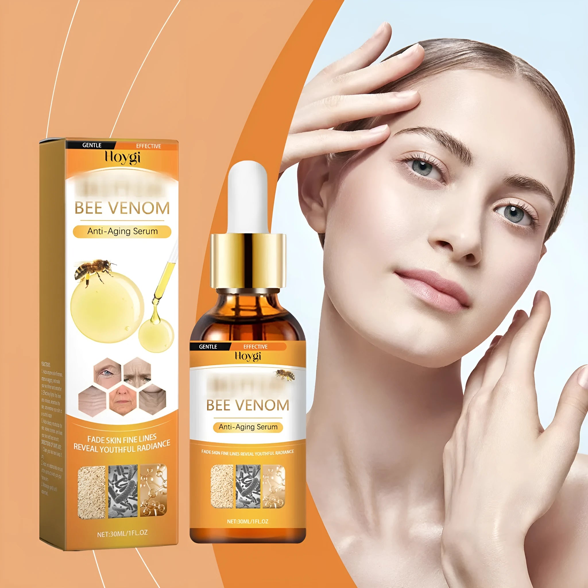 30ml bottle of anti-aging essence liquid with hyaluronic acid and bee venom skincare formula