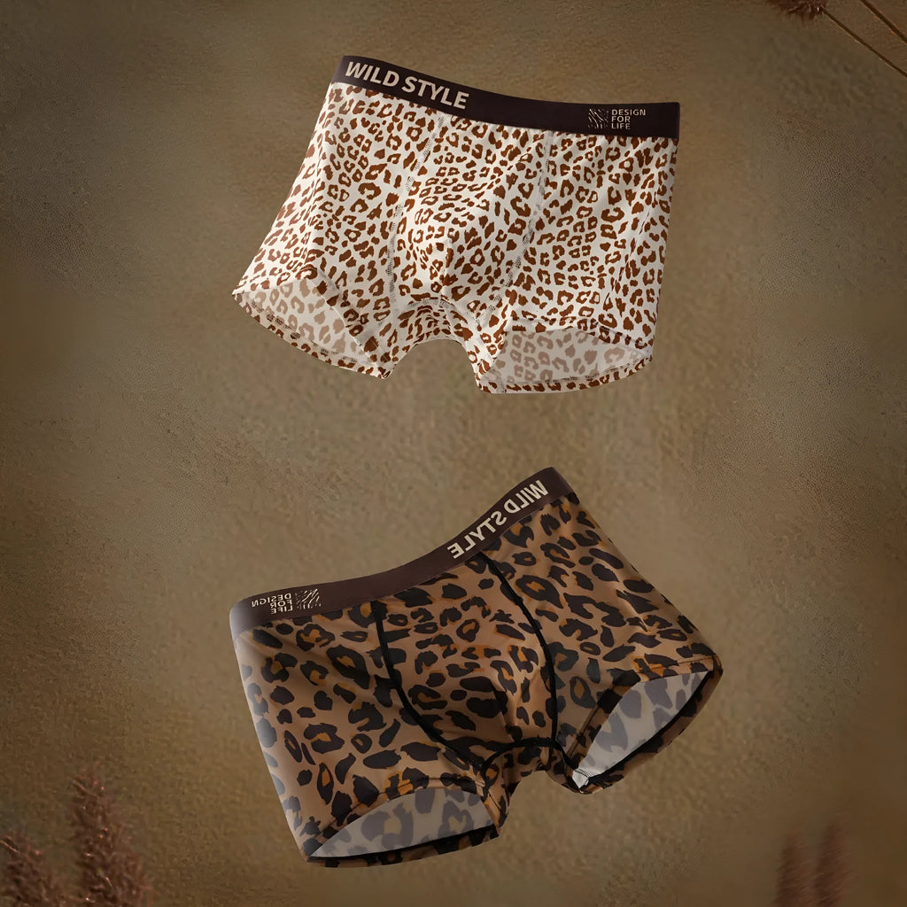 Men's leopard print ice silk underwear in a mid-waist design, shown in one of four available colour variations.