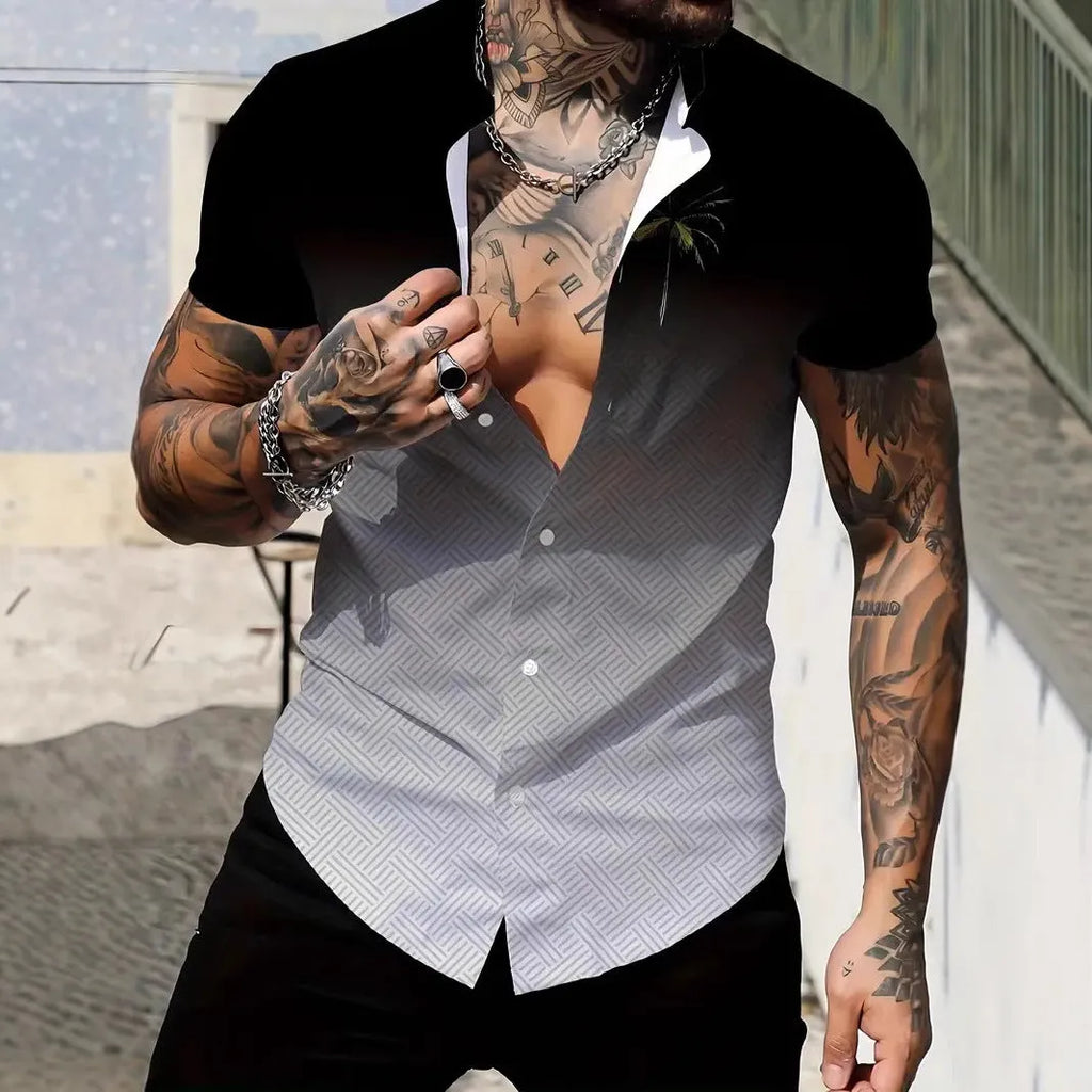 Men's slim fit geometric line print short sleeve shirt in a casual lapel style