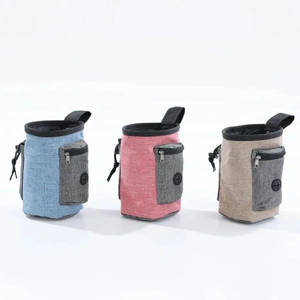 Portable waterproof pet waist bag with belt clip in blue, brown, and red colour options