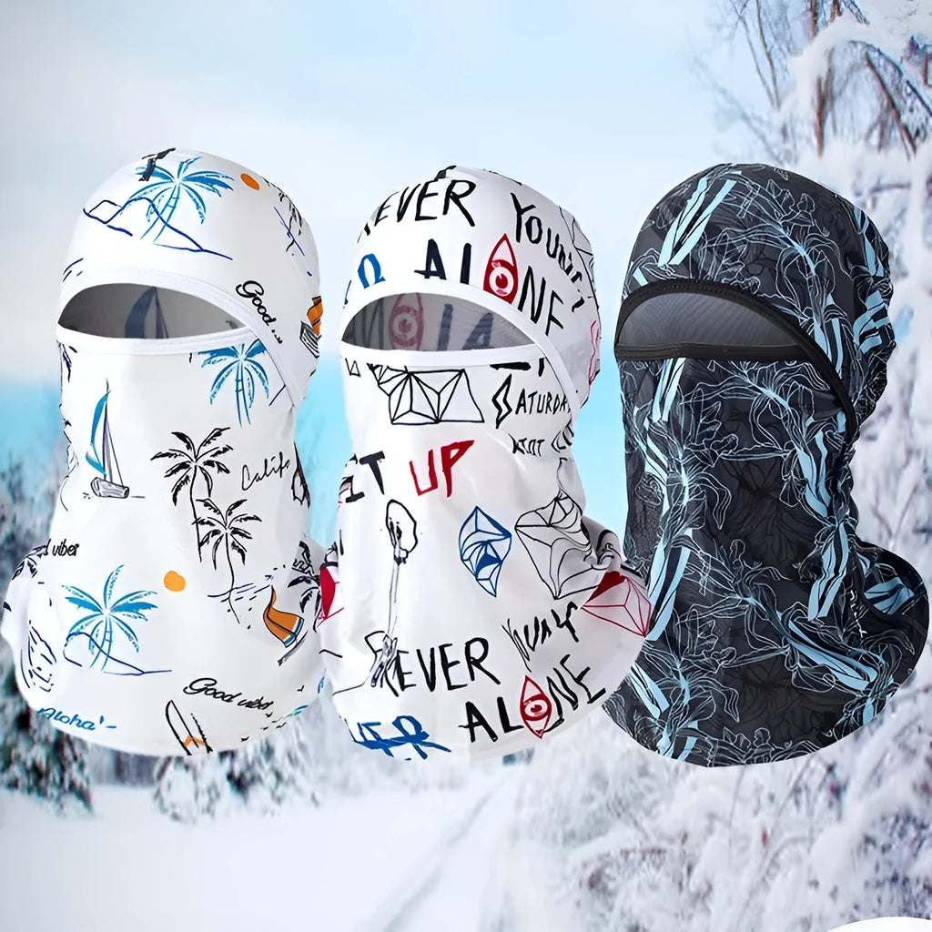 Cotton motorcycle riding head cover with dome shape and patterned design shown with matching gloves