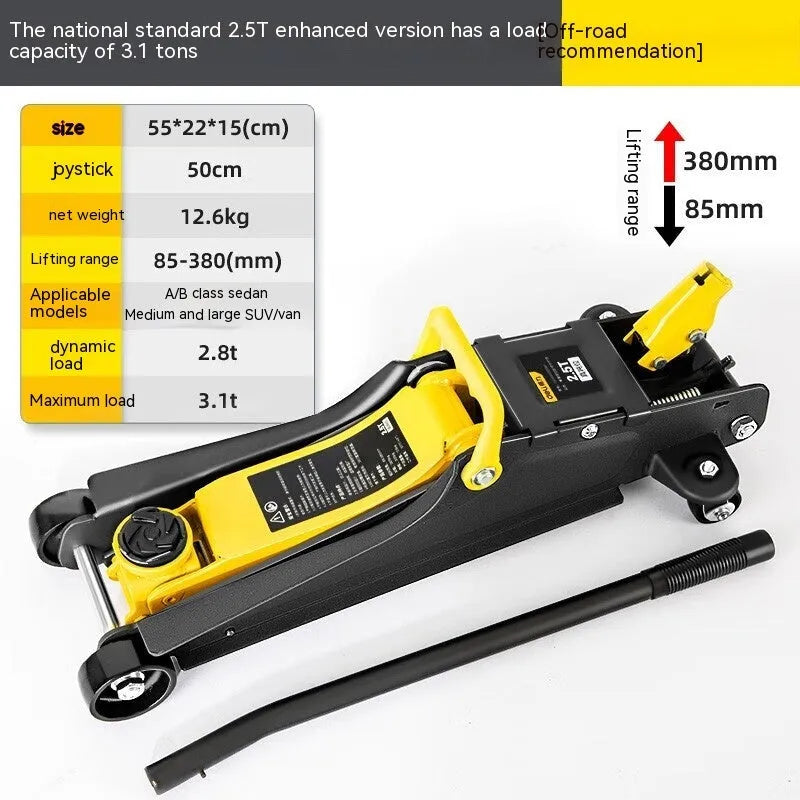 Hydraulic low-profile car jack with built-in handle for tyre changes