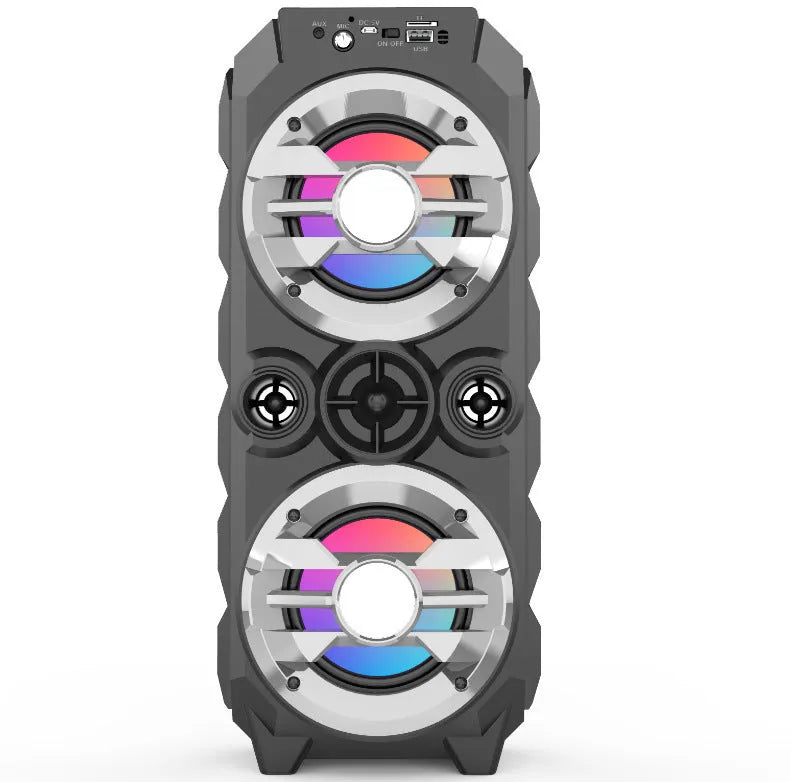 Portable Bluetooth speaker with wireless colour lights and integrated pull rod handle in blue, red, or silver grey