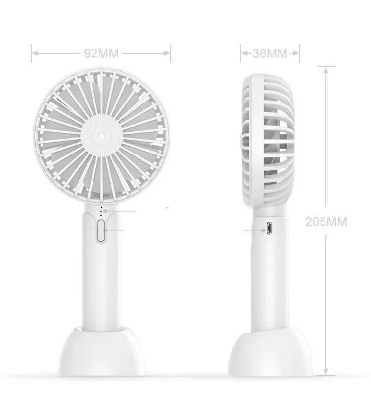Blue mini silent USB handheld fan with oscillation, shown on a desktop.