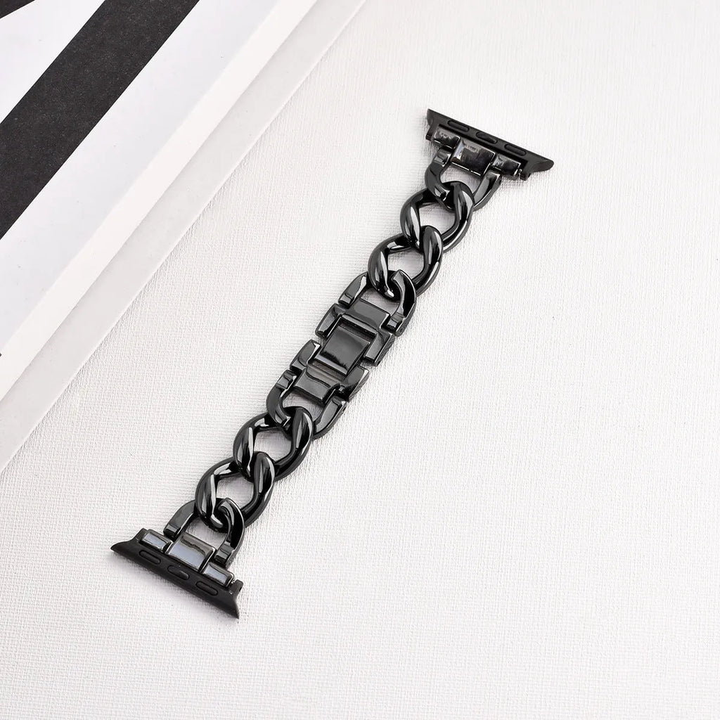 Denim chain link metal strap for Apple Watch in silver, black, gold, rose gold, or Starlight colour.