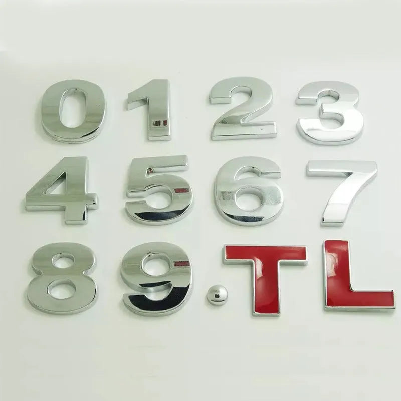 Zinc alloy 3D raised letter car sticker for bumper customisation in black or silver.