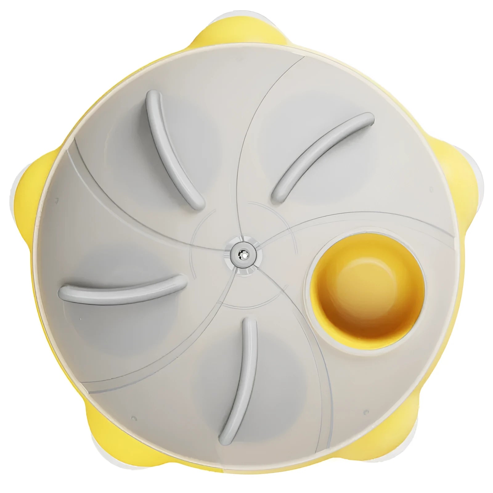 Yellow plastic cat puzzle feeder plate with four rotating balls for slow feeding.