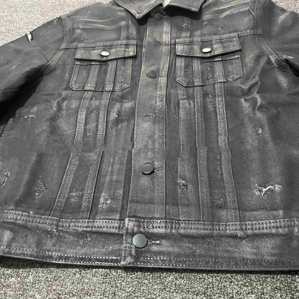 Black denim coat archive short slim jacket with lapel collar on model