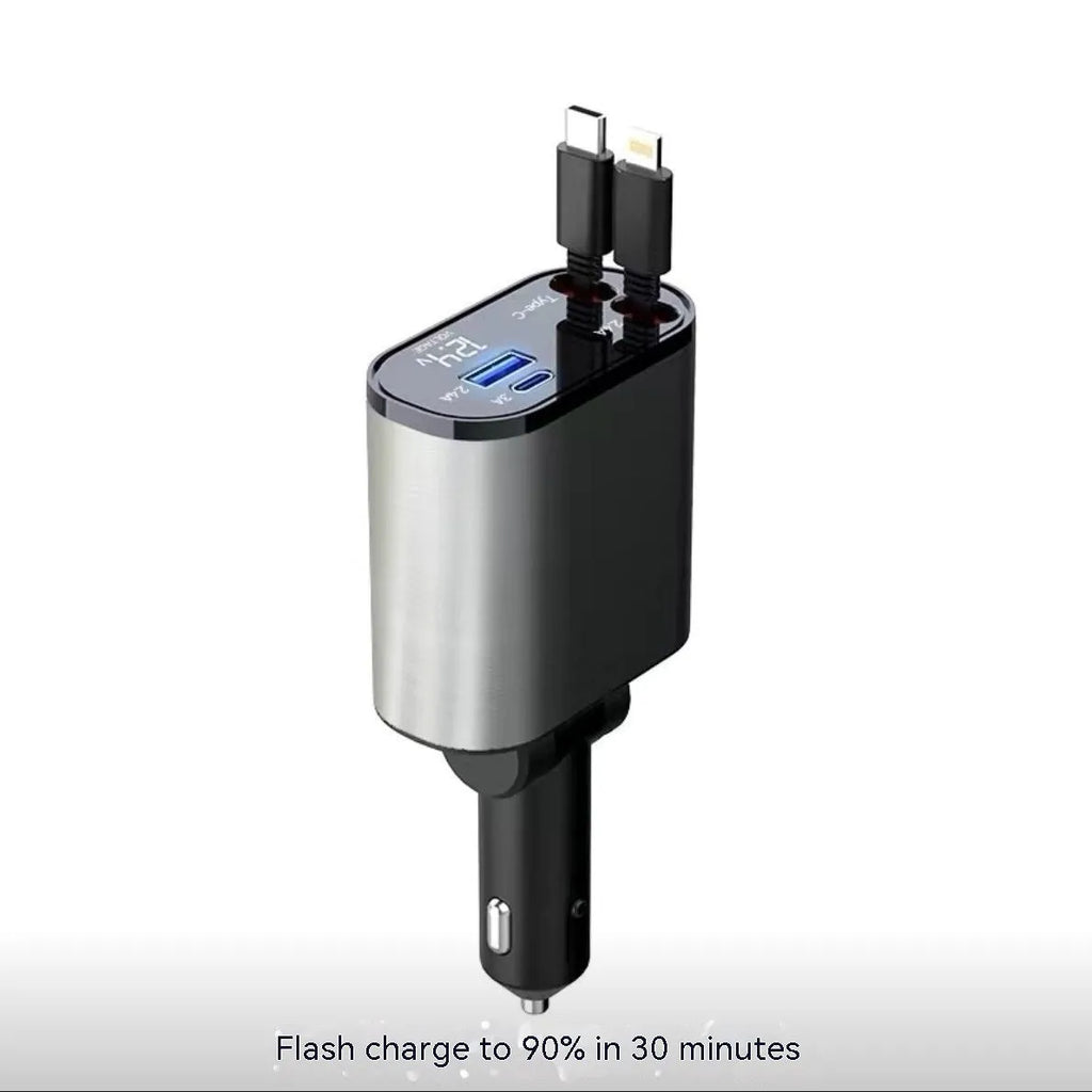 Universal car charger with retractable cable plugged into a car cigarette lighter socket.