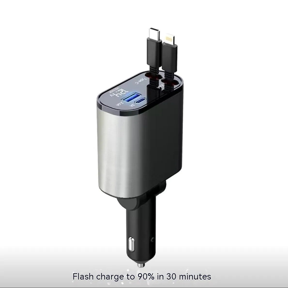 Universal car charger with retractable cable plugged into a car cigarette lighter socket.