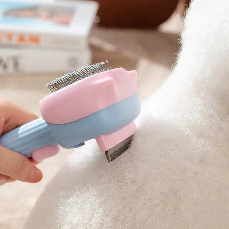 Blue and green dual-sided pet grooming brush with a deshedding rake and dematting comb.