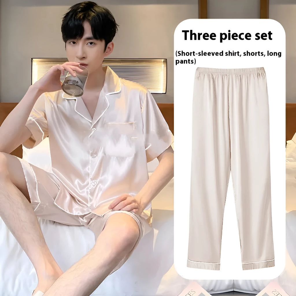 Men's ice silk three-piece home wear set in various colours with extended sizing options