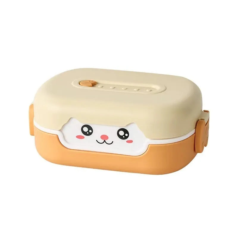 Square plastic divided lunch box in solid colour, shown open to display internal sections.