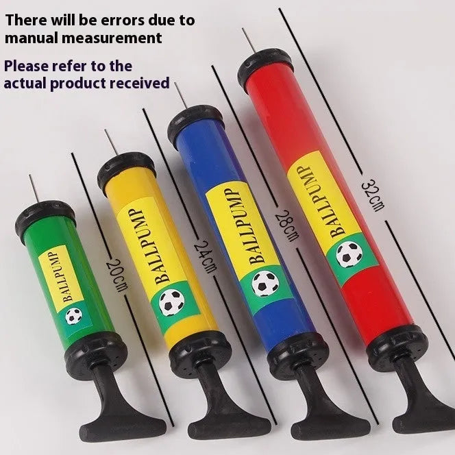 Manual high-pressure plastic pump for inflating basketballs, volleyballs, footballs and balloons in mixed colours.