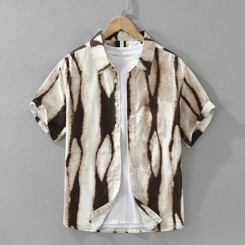 Men's retro striped short sleeve shirt in pure cotton with loose fit cardigan styling