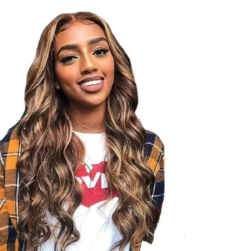 Front lace wig with African black gradient colour and big waves, featuring side bangs.