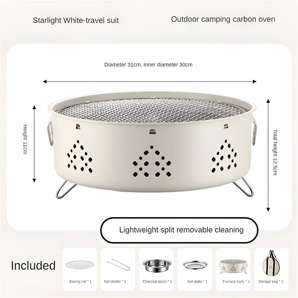 Portable stainless steel barbecue grill with detachable components and storage bag for outdoor cooking