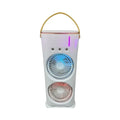 White portable USB desk humidifying fan with double spray heads and remote control.