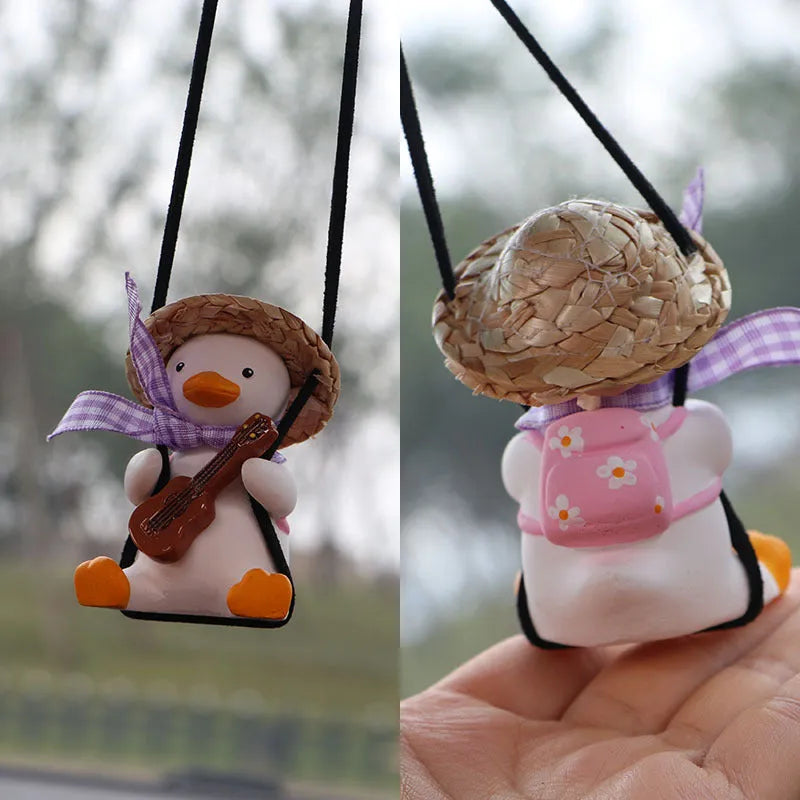 Colourful straw hat duck car hanging ornament on rearview mirror with textile hat