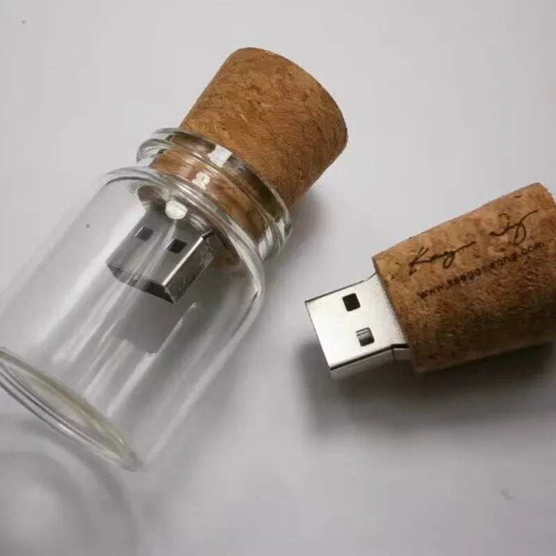 Transparent wooden drift bottle shaped USB flash drive showing six capacity options.