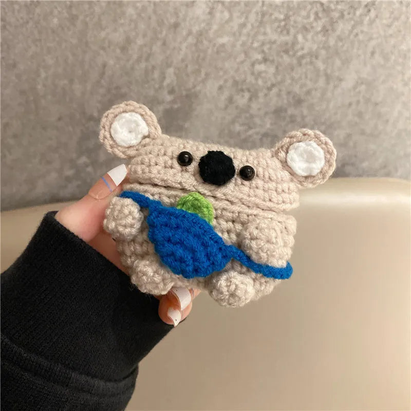 Handmade knitted koala bear backpack design protective sleeve for Apple AirPods case.