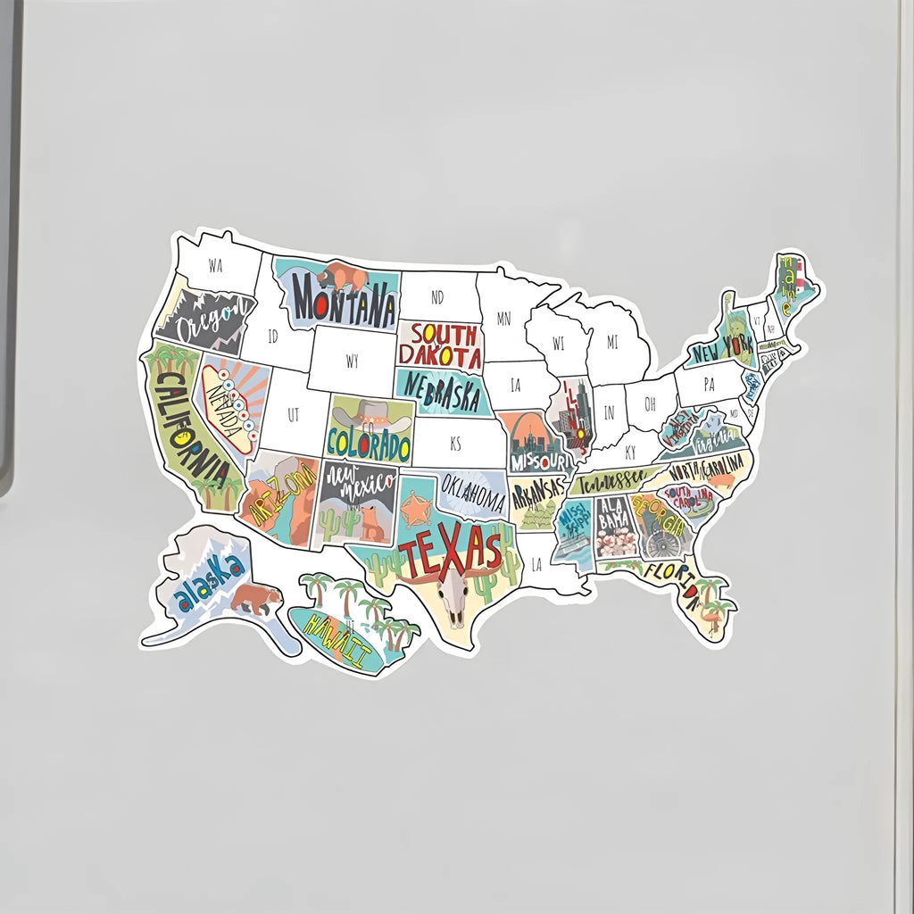 Travel-themed vinyl sticker set showing letter stickers and a world map design on white backing paper.