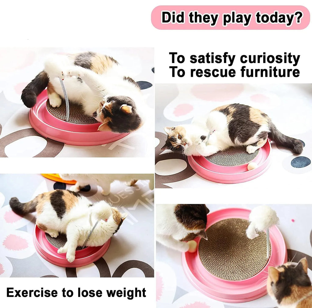 Blue interactive cat scratcher with ball track and replaceable scratch pad measuring 40cm
