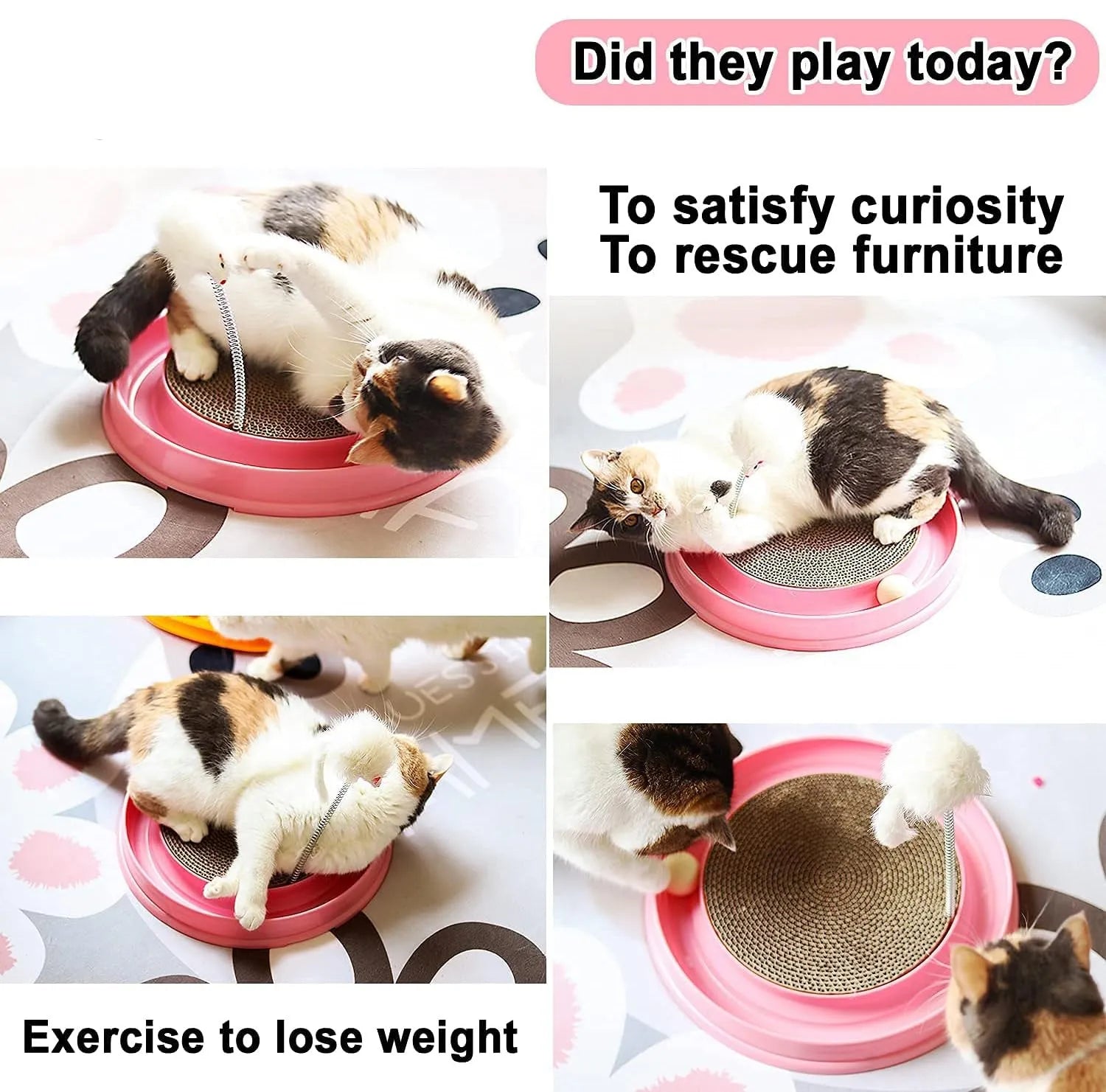 Blue interactive cat scratcher with ball track and replaceable scratch pad measuring 40cm