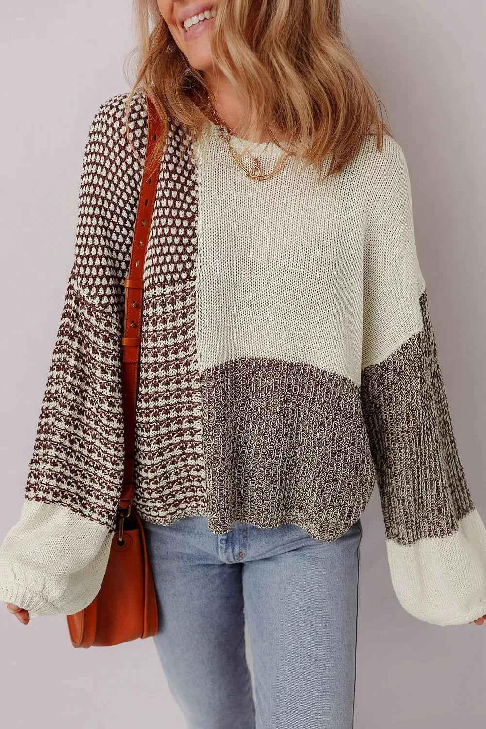 Dark khaki colour block loose sweater with long sleeves and a back tie fastening