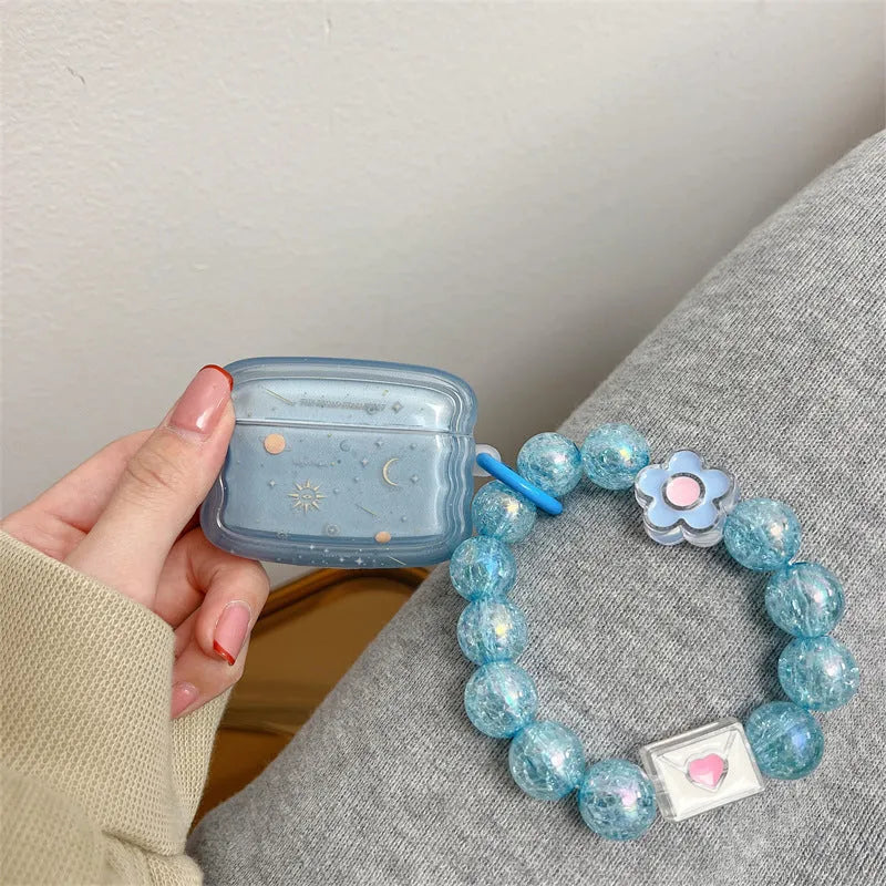 Wavy edge blue starry sky TPU soft shell earphone case for AirPods with chain