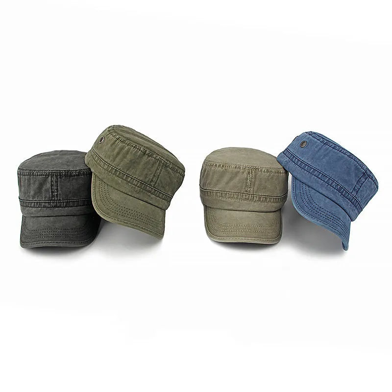 Flat top military cap in cotton fabric with adjustable sizing in four colour options